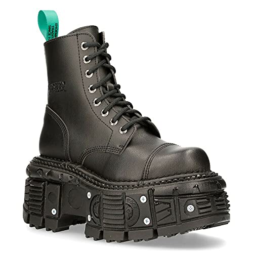 New Rock TANKMILI083C-V2 Botas con Plataforma de Cuero Negro Vegano Estilo Motociclista Punk 36