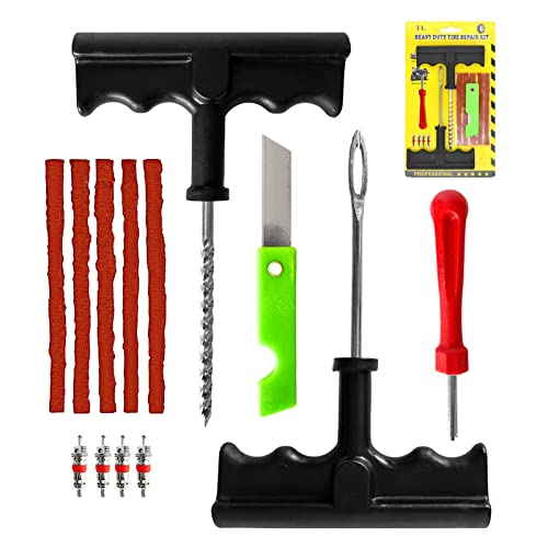 Kit Repara Pinchazos Coche | Incluye 2 Herramientas, 1 Extractor de Obus, 4 Válvulas, 5 Mechas, y 1 Cuchilla | Kit Antipinchazos Coche, Todoterreno 4x4, Moto y Quad | Repara Pinchazos Coche