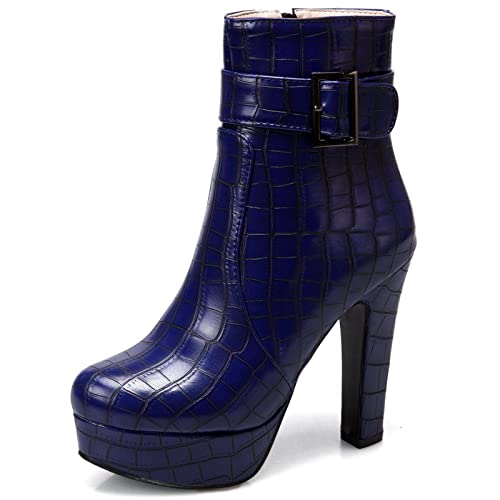 MJIASIAWA Mujer Fiesta Tacón Alto Invierno Moda Plataforma Cremallera Botines Hebilla Noche Prom Prom Warm Riding Botas De Estilo Motero Azul Talla 39 EU/40 Asiática