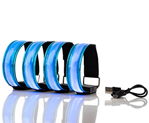 CONJUNTO DE 4 BRAZALETES LED RECARGABLES super brillantes alta visibilidad reflectantes luz LED nocturna para running, ciclismo, senderismo, con parpadeo y LED estático, carga USB (azul)