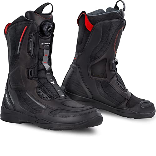 SHIMA STRATO Botas Moto Hombre | Transpirables, Reforzadas, Ligeras Botas de Moto Adventure Touring con Sistema de Cierre Rápido ATOP, Protección de Tobillos, Suela Antideslizante (Negro, 45 EU)