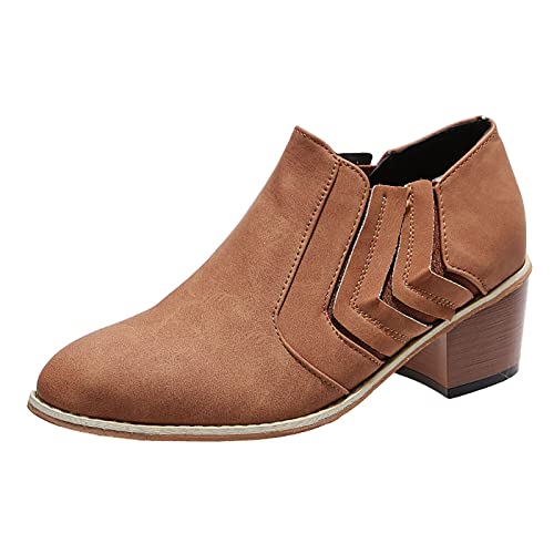 Botas cortas de cuero para mujer, botas apiladas, botas de tacón para mujer, botas de trabajo para mujer, marrón 2, 38 EU