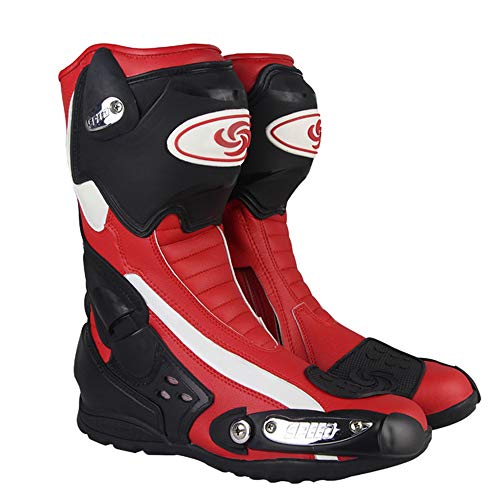 MRDEAR Botas de Motociclismo Cuero Impermeables Hombre Botas de Motocross Zapatos Moto Botas Deportivas Protectoras, Rojo Negro (42 EU)