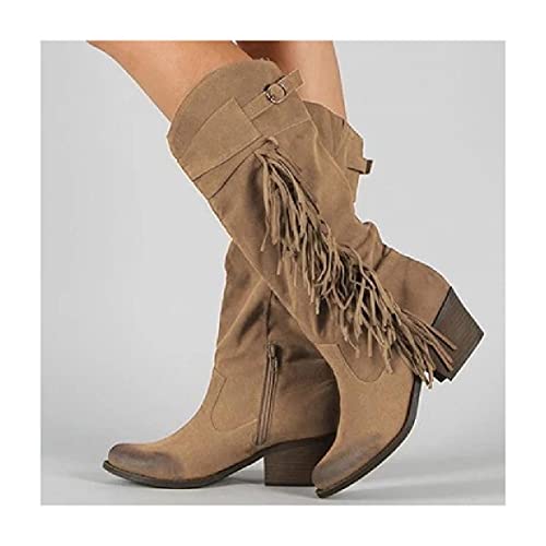 JUNSHANG Botas de Vaquero Occidental para Mujer, botín de cinturón Puntiagudo Botas de Flecos de Tobillo Retro Botas de Motocicleta Botas de Montar,Khaki-38