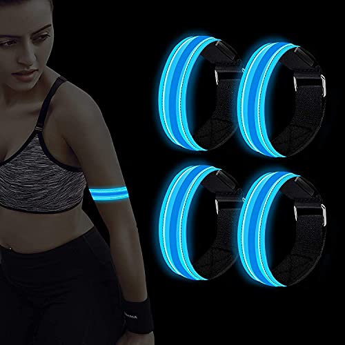 Sinwind 4 PCS Brazalete Led Running, Alta Visibilidad y Ajustable Brazalete Reflectante, Resistente Agua Luz De Seguridad para La Noche, Luz Led Intermitente para Correr Ciclismo (Azul)