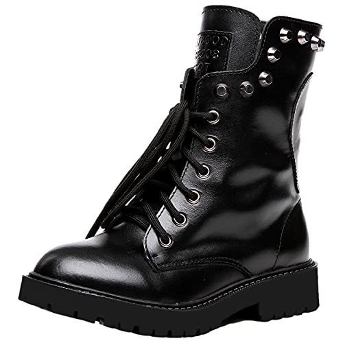 Mujer Cráneo Punk Remache Media Pierna Tacón Grueso Motocicleta Botas de Moterasa (EU38.5, Negro)