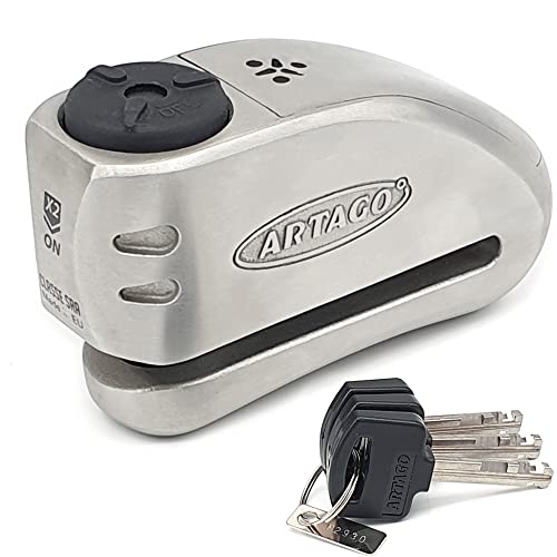 ARTAGO 32 Imponente Candado Moto Disco con Alarma Don't Touch 120dB Alta Gama, Homologado Sra, Triple Cierre ø15.5 Patentado, Bunker Selection, Sin o con Alarma, Puro Acero Inoxidable, Antirrobo Moto