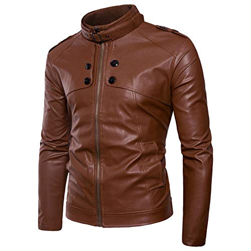 Cuello Alto para Caballero Cuero de Moto Chaqueta de Cuero para Hombre Abrigo cálido Boutique Chaqueta marrón_M