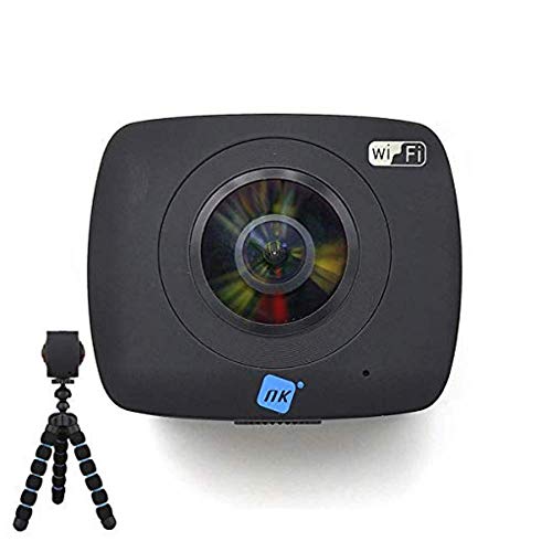 NK AC3091-36D - Cámara Acción Deportiva 360º, FullHD 1080p, Doble Óptica, Sistema Realidad Virtual, Soporte 360º YouTube, 1400 mAh, Micrófono, Compatible Android & iOS, Trípode de Regalo, Negro