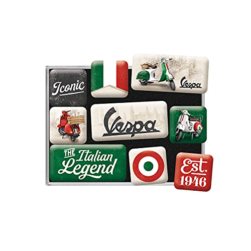 Nostalgic-Art Juego de Imanes Retro, Vespa – Italian Legend – Idea de Regalo para Amante a Scooter, Decoración para Nevera, Diseño Vintage, 9 Unidades