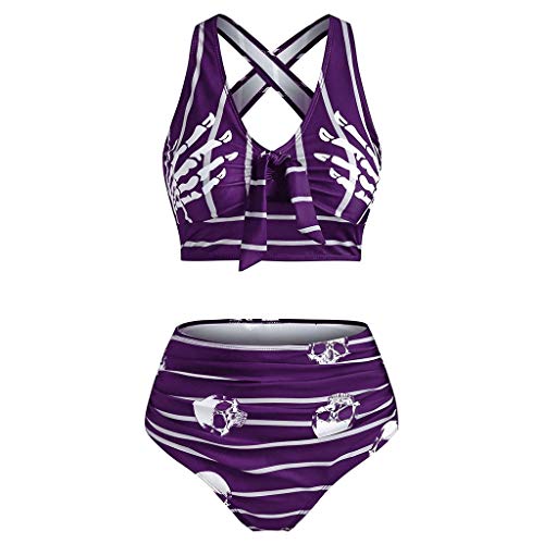 Luckywaqng Traje de baño Top de rayas acolchado para mujer, conjunto de corte de corte para mujer, acolchado push-up, conjunto de tankinis, compatible con moto Tank Top para hombre, morado, S