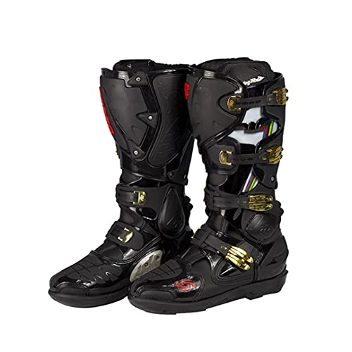 Hensftods Motocicleta Cuero Speed Motocicleta Zapatos Largos Botas Carreras Botas Motocross hasta la Rodilla B1004 Black 7.5