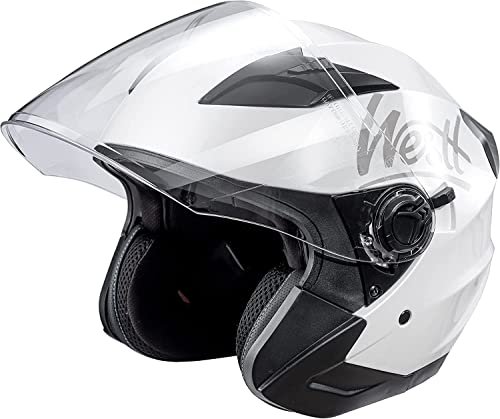 Westt Casco de Moto con Visera y Parasol para Hombres y Mujeres, Casco de Scooter ciclomotor Chopper Moto de Media Cara piloto, Certificado ECE Dot, Blanco metálico, L (57-58 cm)