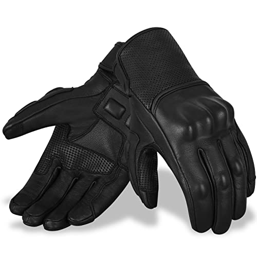 Hand Fellow - Guantes de piel para motocicleta, compatibles con pantalla táctil, con protección de nudillos, Talla S, Negro