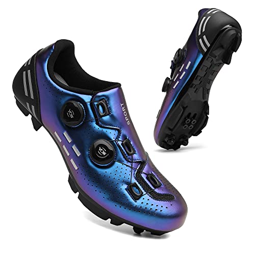 KUXUAN Zapatillas de Ciclismo Mujer Hombre MTB Road SPD Bike Zapatillas de Ciclismo Spin Shoestring con Compatible SPD Look Delta Cycle Riding Cleat Zapatillas Peloton,Purplea-45EU