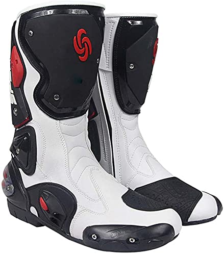 FGDFGDG Botas de Motocicleta de Carretera para Hombre, Botas de Cuero con protección de Armadura de Motocicleta, Botas de Cuero para Motocicleta,Blanco,40