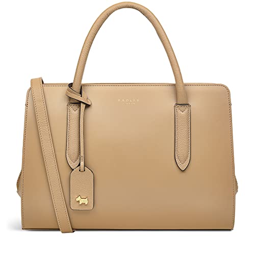 RADLEY London Liverpool Street - Bolso de mano para mujer, hecho de cuero liso con lados de cuero granulado, asas de agarre, correa cruzada y sección central con cremallera, marrón claro, Medium