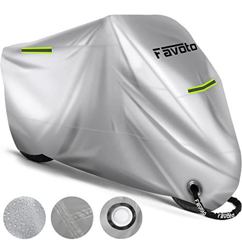 Favoto Funda para Moto Cubierta de la Motocicleta 210D Oxford Sellado Térmico de Costura a Prueba de Polvo Lluvia Viento Hojas Excrementos de Aves al Aire Libre, XXL 245x105x125cm Plata