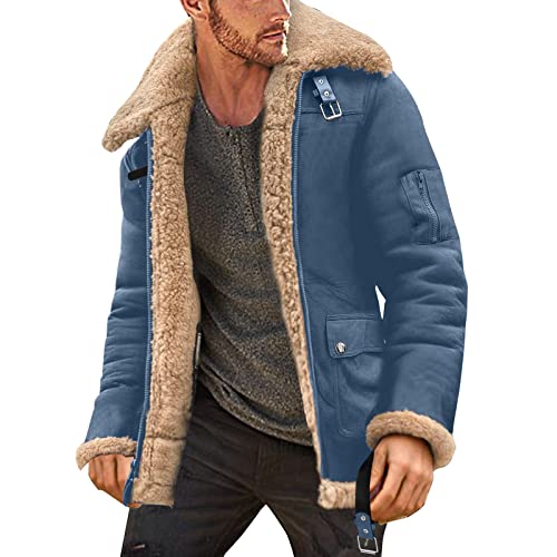 Abrigo de invierno para hombre de talla grande con cuello de solapa de manga larga acolchada chaqueta de cuero vintage grueso abrigo de piel de oveja softshell invierno hombre, A11-azul., XXXXL