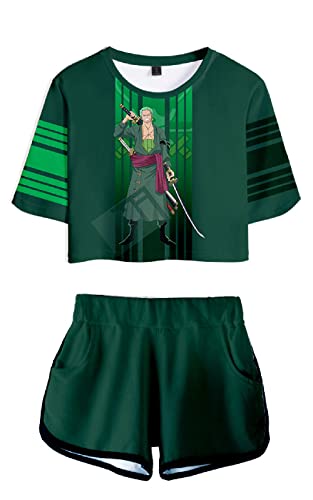 AMOMA Mujeres Niñas Anime One Piece Cosplay Chopper Luffy Zoro Crop Top Camiseta y Pantalones Cortos Chándal Conjuntos de Dos Piezas(XL,GreenZoroStand)