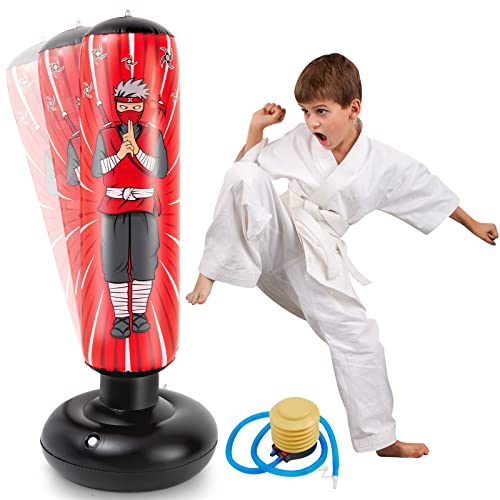 Saco de Boxeo Inflable para Niños - 140 CM Ninja Bolsa de Boxeo de Pie para Chicos con Bomba de Aire Kárate Taekwondo Pateando Capacitación Bolsa de Golpear Cumpleaños Regalo