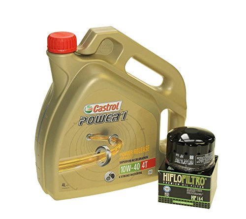 Set para cambio de aceite, 4 litros, Castrol, SAE 10 W-40 Power 1, 4T, incluye filtro de aceite HiFlo HF164, p. ej., F 650, K 1200, R 1200, K 1600