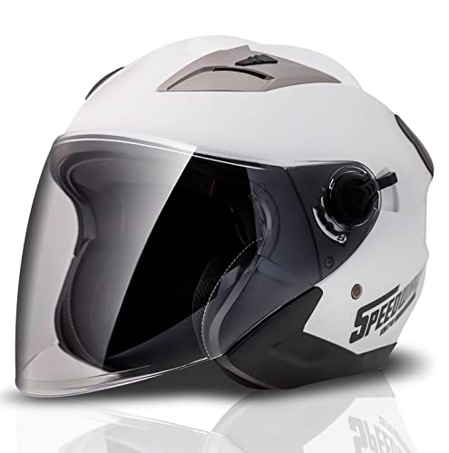 Casco Jet Moto Abierto Hombre Mujer Scooter con Doble Visera - Casco Custom con Ventilacion 360 Transpirable Antivaho Antiarañazos para Invierno con Opcion Repuestos (S 56-57 cm Blanco)