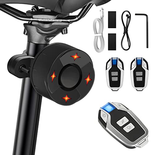 zerotop Alarma de Bicicleta, Antirrobo para Bici Moto Coche Vehículos con Control Remoto, 113 db Súper Fuerte Luz Trasera de Bicicleta LED USB Recargable, Impermeable, Advertencia, 5 Modos luz Trasera