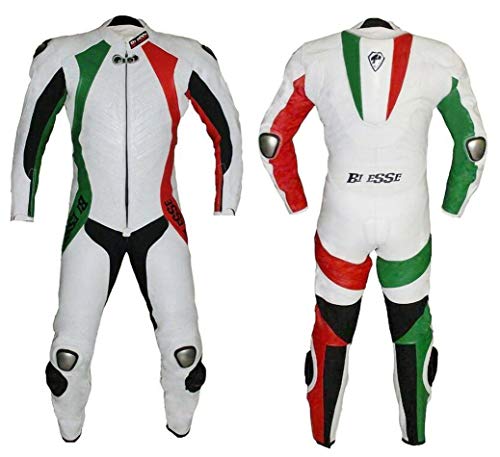 BI ESSE - Traje de moto de piel de vacuno genuina, ideal para uso profesional en la pista. Modelo Tricolor (Verde/Blanco/Rojo, XL)