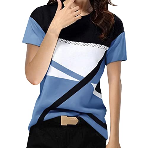 Camiseta de mujer para mujer, blusas y túnicas para mujer, parte superior con hombros descubiertos, verano, moda, informal, cuello en O, bloque de color, manga corta, suelto, vestido libre, azul, M