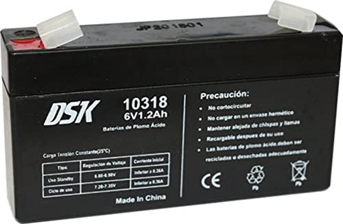 DSK 10318 - Batería de Plomo AGM Recargable y Sellada de 6V y 1,2Ah. Ideal para Coche y Motos eléctricos para niños, Patinetes, Sistemas SAI, Sistemas de Seguridad y comunicación, Luz de Emergencia