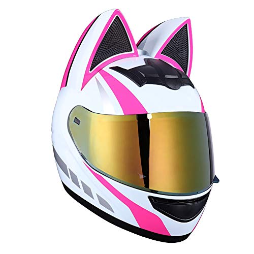 DYOYO Casco Moto Integral Casco de Motocicleta Casco de Tendencia de Personalidad Orejas de Gato Extraíbles Usar Auriculares Bluetooth Certificación ECE para Adultos（54-62cm）