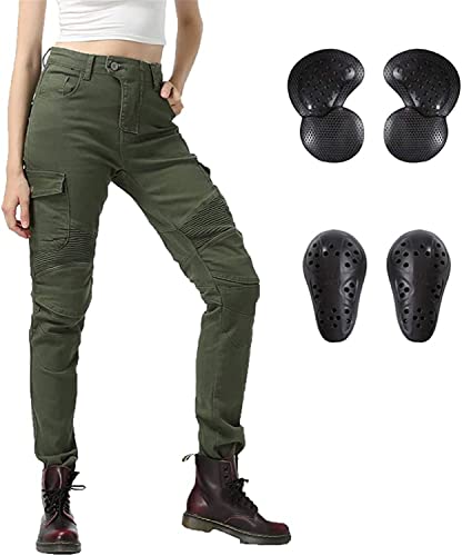 LINGKY Pantalones de Moto para Mujeres Pantalones de Carreras de Motocross Pantalones Anti Caída, Jeans de Moto con 4 x Equipo de protección (ArmyGreen,M)