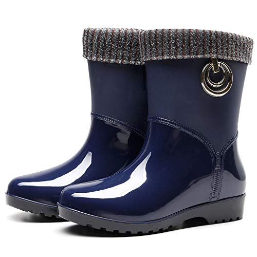 ZODOF Botas de Agua Mujer Estilo Punk Tubo Medio Calentar Botas de Nieve De Las Mujeres Antideslizante Botas de Lluvia Al Aire Libre Zapatos de Agua para Otoño e Invierno(Azul,36 EU)