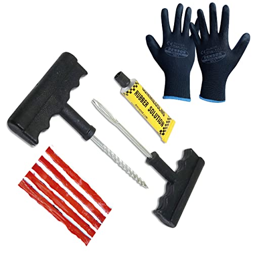 REYGALL Kit Antipinchazos para la Reparación de Neumáticos de Moto Coche Bicicleta y Quad | Guantes de Trabajo de Nylon para Manipular Herramientas y Arreglar Pinchazos de una Rueda Tubeless