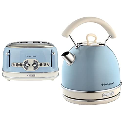 Ariete 0156Bl Tostador, 1630 W, Verde Pastel + 2877/05 Hervidor Vintage, 2200 W, 1.7 Litros, Acero Inoxidable, Azul