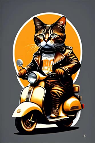 DOSSAE Póster Decoraciones Murales Cuadros Lienzo Arte un gato con botas sentado en un ciclomotor Vespa con gafas de sol para la decoración del pasillo 60x90cm