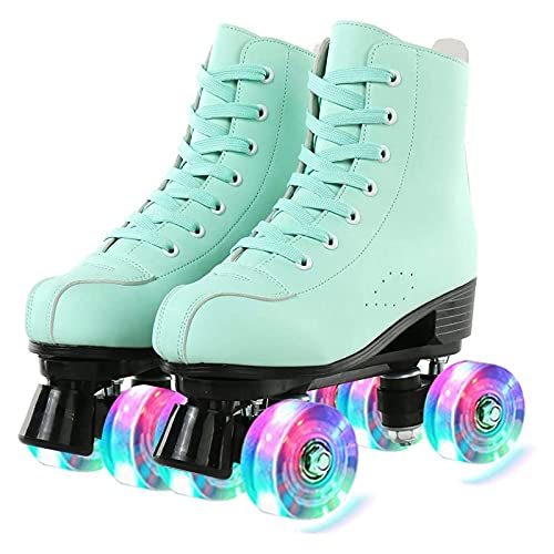 Patines Artisticos 4 Ruedas, Patines Botas 4 Ruedas, Patines Quad Mujer, Patines de Patinaje de Doble Fila con Luz Led Patines de Doble LíNea, para Principiantes al Aire Libre,Verde,45