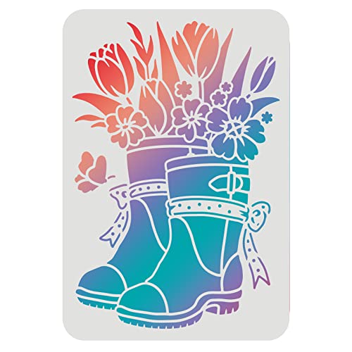 FINGERINSPIRE Plantillas de Botas de Lluvia de 29,7x21cm con Plantilla de Pintura de Flores Botas de Lluvia de Flores Plantilla de Dibujo Plantilla de Flores para Pintar sobre de Madera de Papel