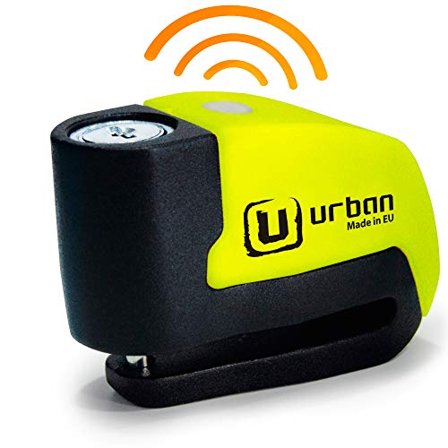 URBAN UR6 Candado Moto Disco Alarma Hi-Tech 120dB ON/OFF, Warning Sensibilidad A+, Remplazable, Pila CR2, Impermeable, Soporte Opcional, Cierre Click, Antirrobo Moto Universal Scooter Bici Eléctrica