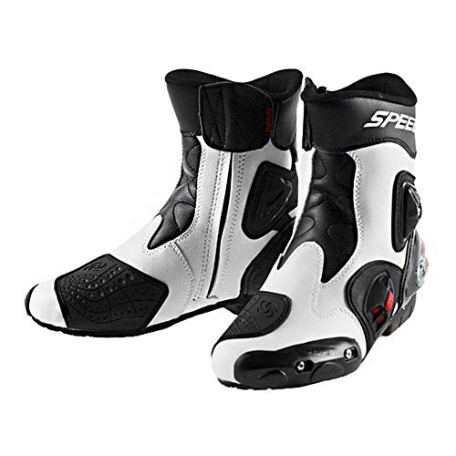 MRDEAR Botas de Motocross Impermeables Botas Protectoras para Motociclismo Hombre Botas de Moto de Cuero con Ventilación Ajustable, Blanco & Negro (43 EU)