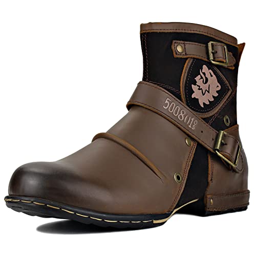 OSSTONE Botas para Moto Botines Hombre de Invierno Piel Zapatos Negras Vestir Nieve Piel Forradas Calientes Planas Combate Militares Cremallera Boots OZ-5008-1-42-BROWN-E