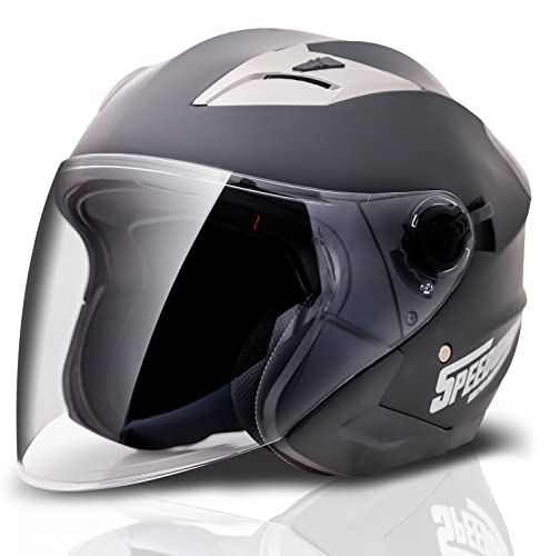 Casco Jet Moto Abierto Hombre Mujer Scooter con Doble Visera - Casco Custom con Ventilacion 360 Transpirable Antivaho Antiarañazos para Invierno con Opcion Repuestos (L 59-60 cm Negro Mate)