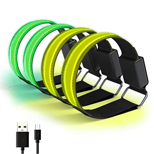 HUSHUI Brazalete LED Recargable, 4 Piezas LED Brazalete USB Recargable Banda Reflectante Brazaletes Luminosos de Seguridad Ajustables para Correr al Aire Libre Correr Ciclismo Deportes