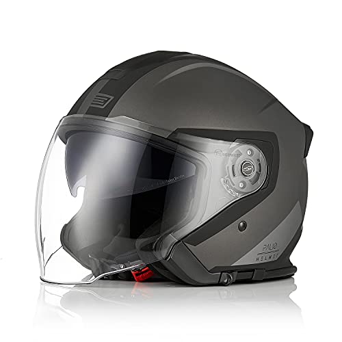 ORIGINE Casco Moto Jet Casco Moto Abierto Scooter para Mujer Hombre Adultos con Doble Visera Homologado ECE (Techy Black Titanium,L)