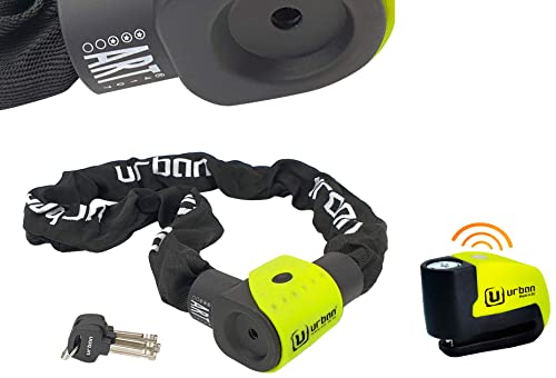 Urban 10K170 Cadena Antirrobo Alta Seguridad Homologado Art3, Ø10, 170Cm + Ur6 Candado Antirrobo Disco Con Alarma+Warning 120Dba, 6 Mm, Made In Eu, Amarillo Flúor, Única