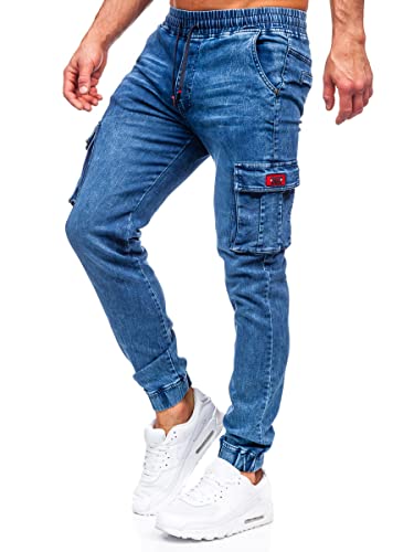 BOLF Hombre Pantalón Vaquero Jogger Cargo Denim Jeans Pantalón de Mezclilla Skinny Vaqueros de Algodón Tejano Regular Fit Outdoor Estilo Diario HY1022 Azul XL [6F6]