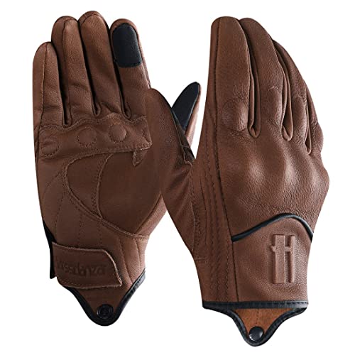 Harssidanzar Guantes de Moto Hombre,Cuero de Guantes de Montar Touch Screen con Protecciones Profesional En Los Nudillos,Sillín marrón(Upgrade),L