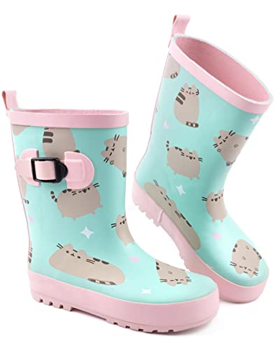 Pusheen The Cat Wellies Girls | Niños Rosa Menta Verde Dibujos animados Cat Hearts Wellington Boots | Zapatos para caminar resistentes al agua Regalos