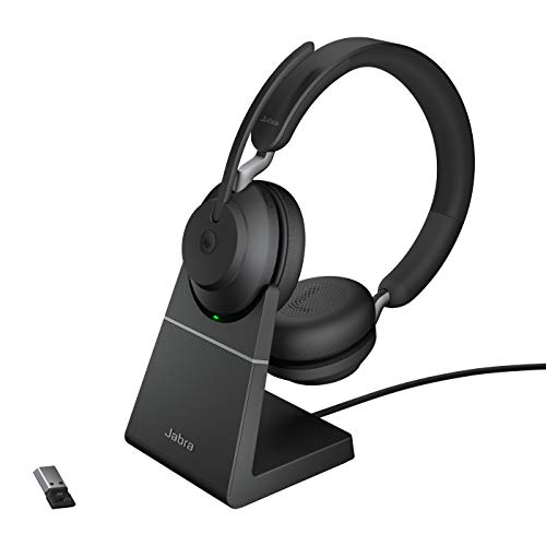 Jabra Evolve2 65 Wireless PC Headset with Charging Stand – Noise Cancelling Microsoft Teams Certified Stereo Headphones With Long-Lasting Battery – USB-A Bluetooth Adapter – Black